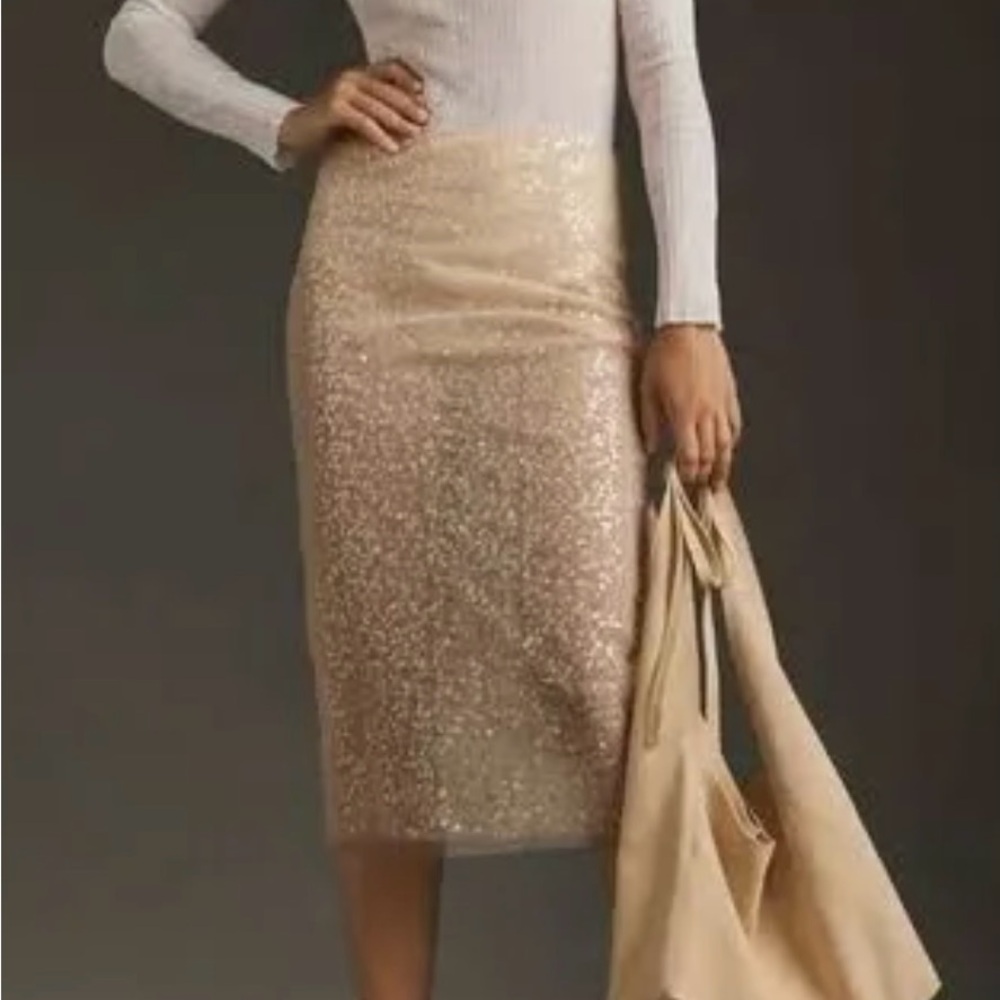 Anthropologie Sunday In Brooklyn Sheer Sequin Midi Skirt-champagne color